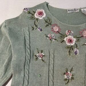VTG 90s Floral Appliqué Embroidered Sage Green Sweater, XL, Cottage, Grandma